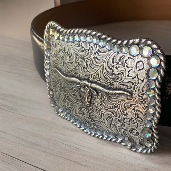 NOCONA ANTIQUE METAL RHINESTONE STEERHEAD BUCKLE/LEATHER BELT COASTAL COWGIRL L - Picture 3 of 16